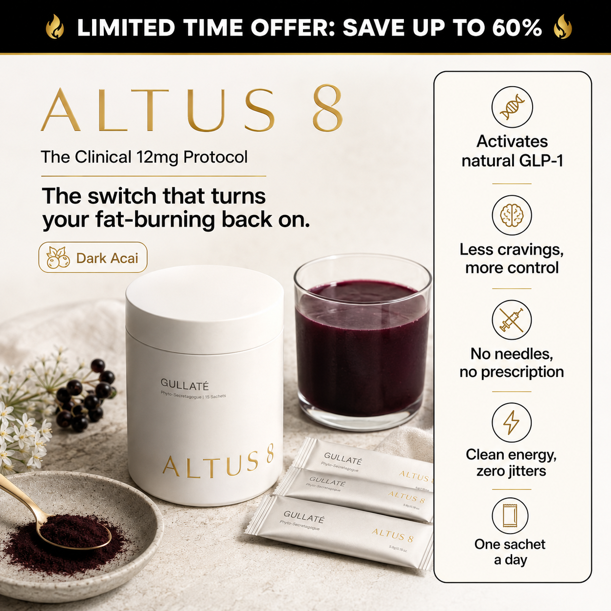 ALTUS 8 Dark Acai — GULLATE jar, drink and sachets with key benefits