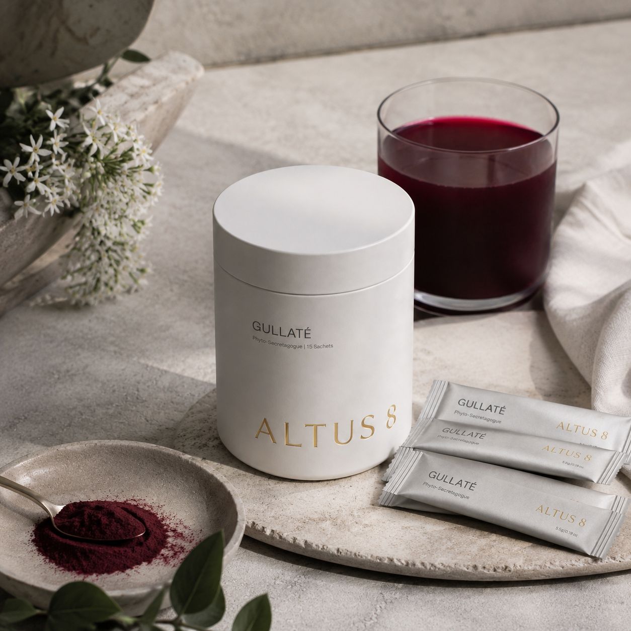 ALTUS 8 GULLATE jar with sachets and dark acai drink